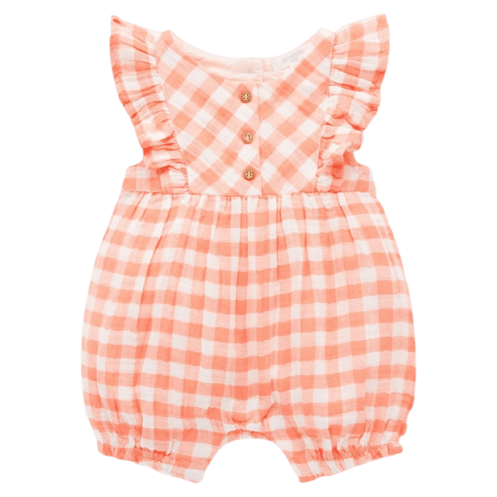 Pure Baby 0-3 Months to 2 Yrs Gingham Romper - Papaya Gingham