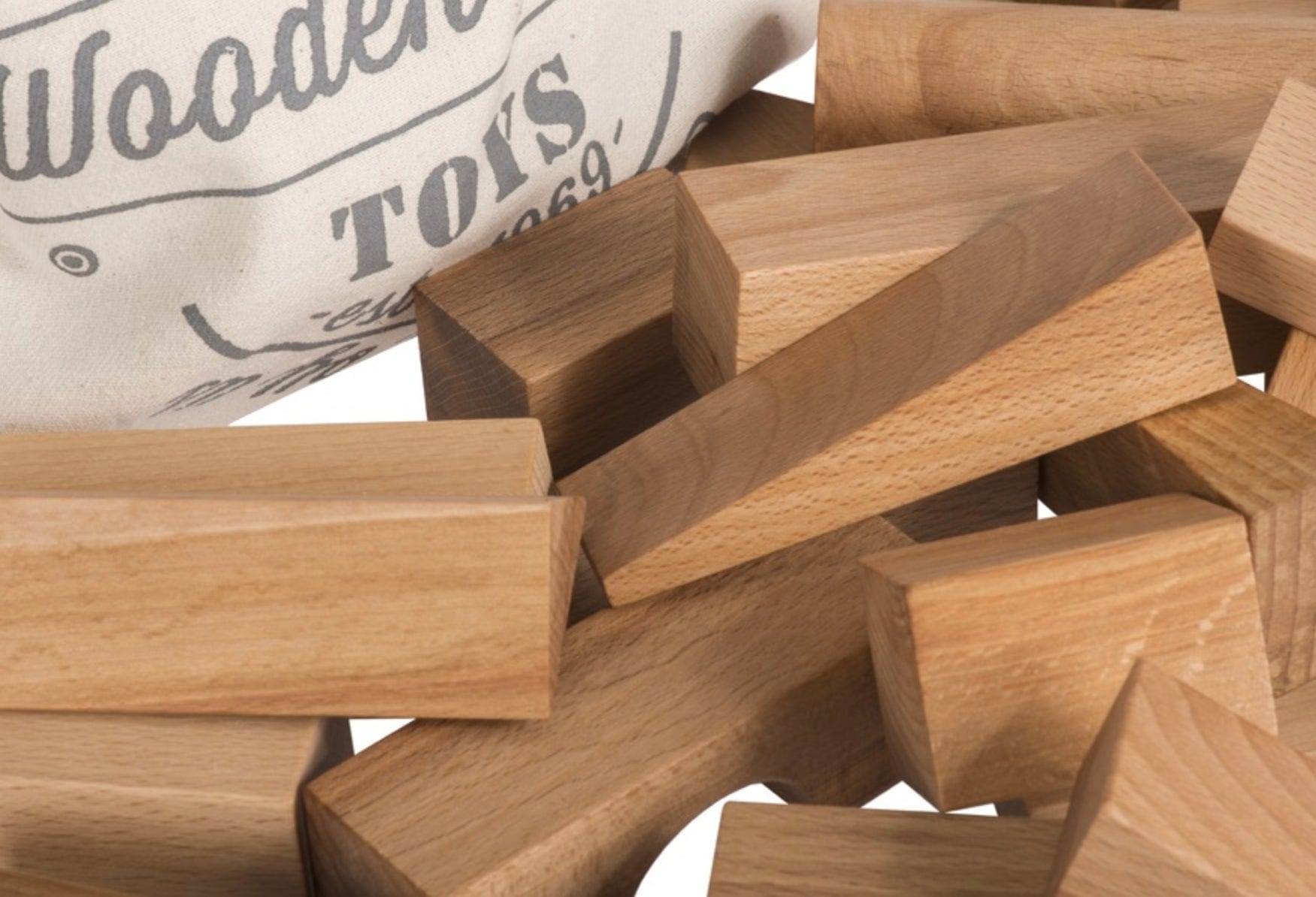 Wooden Story 12 Mths Plus Natural XL Blocks in Cotton Sack 50 Pieces