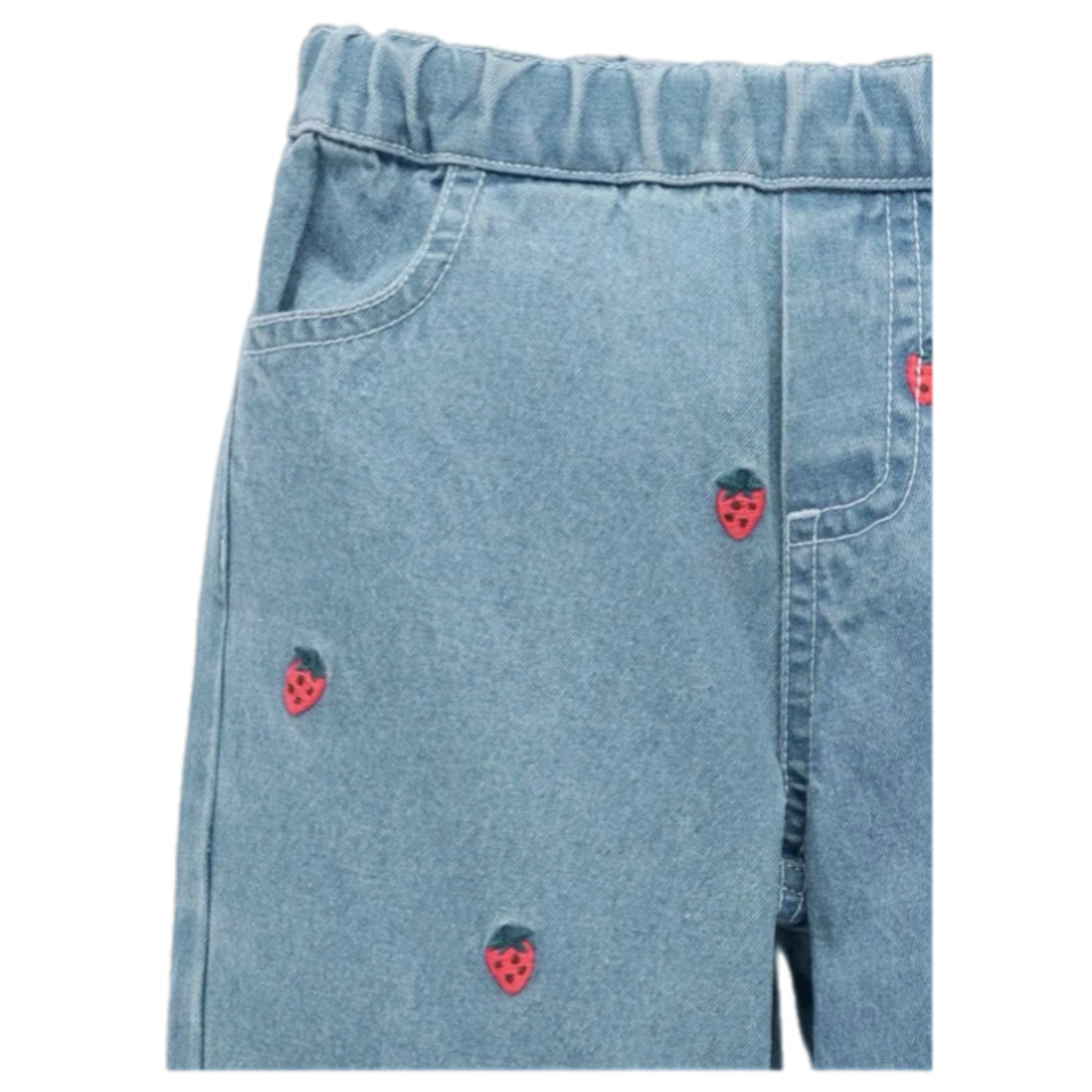 Embroidered Wide Leg Jeans - Large Strawberry Broderie