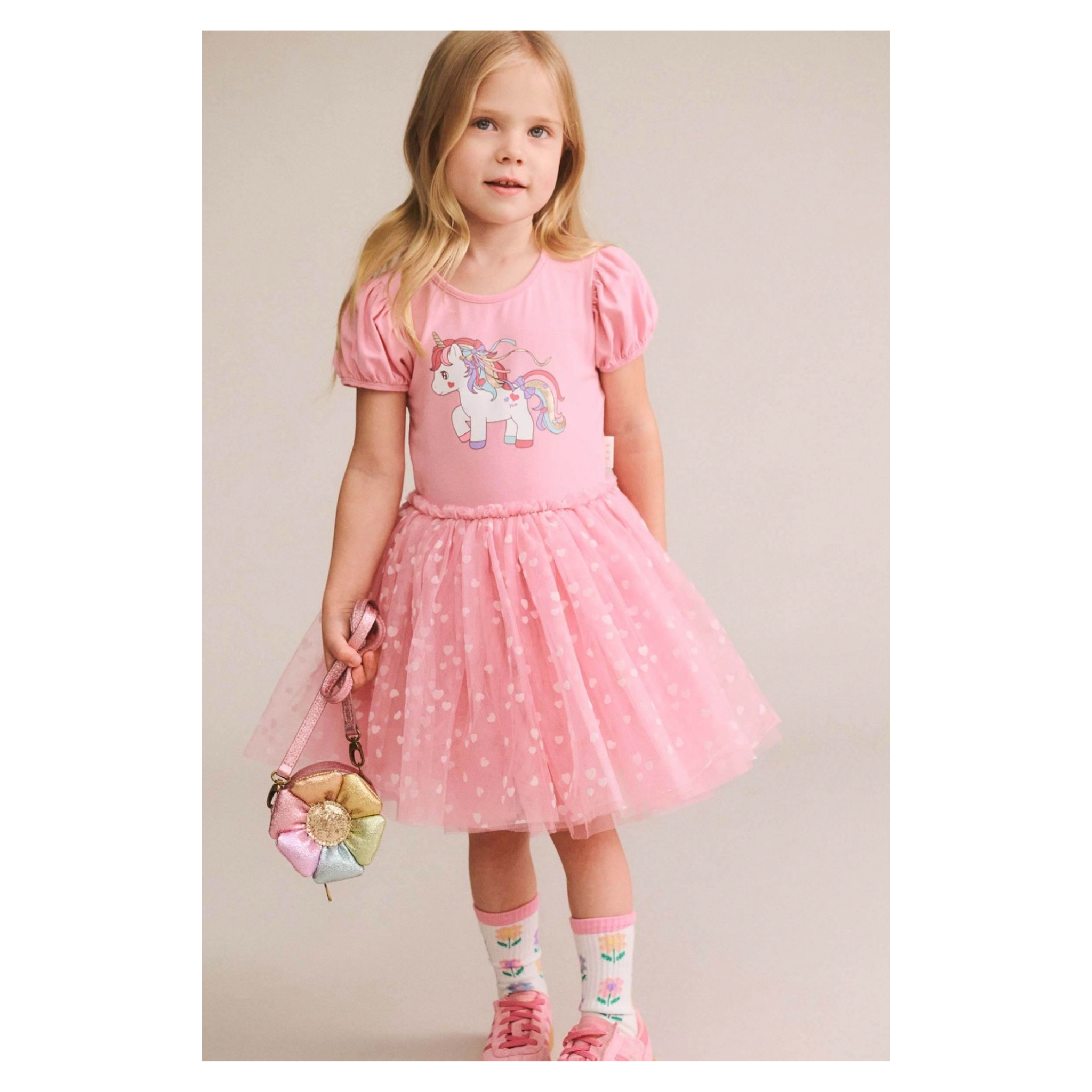 Magical Unicorn Puff Slv Tulle Dress - Strawberry Crème