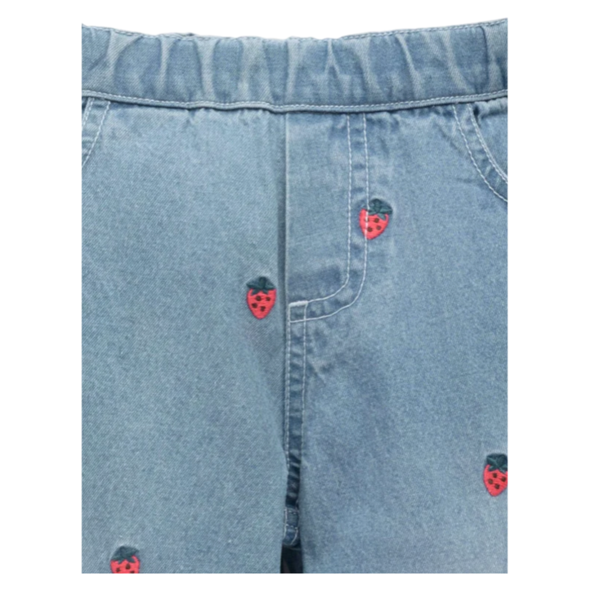 Embroidered Wide Leg Jeans - Large Strawberry Broderie
