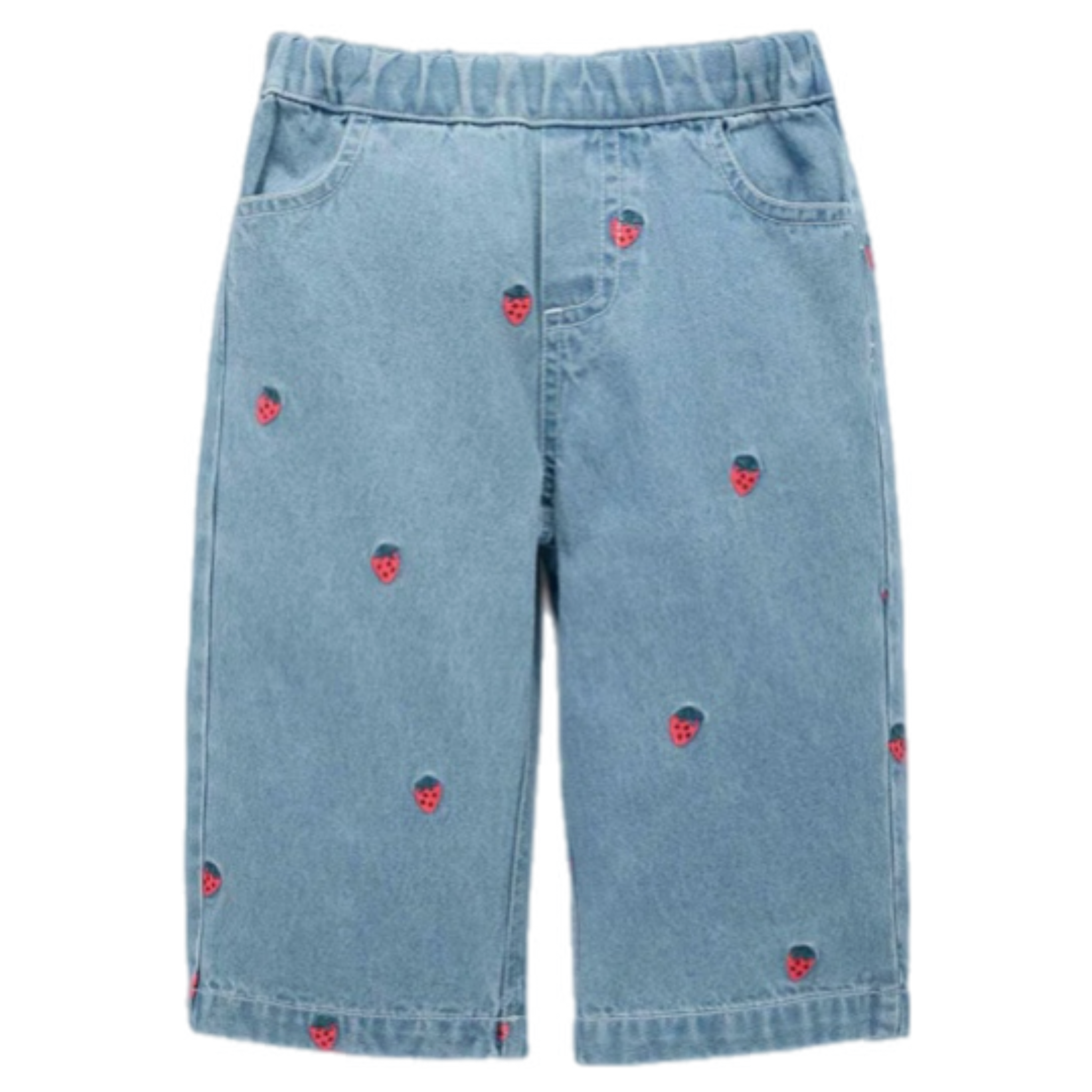Embroidered Wide Leg Jeans - Large Strawberry Broderie
