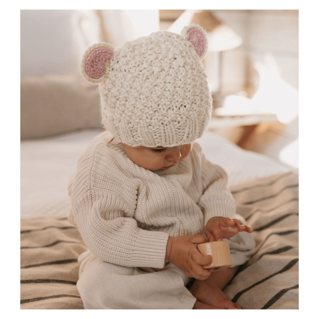 Acorn Kids XXS to Medium Bear Beanie - Cream/Pink