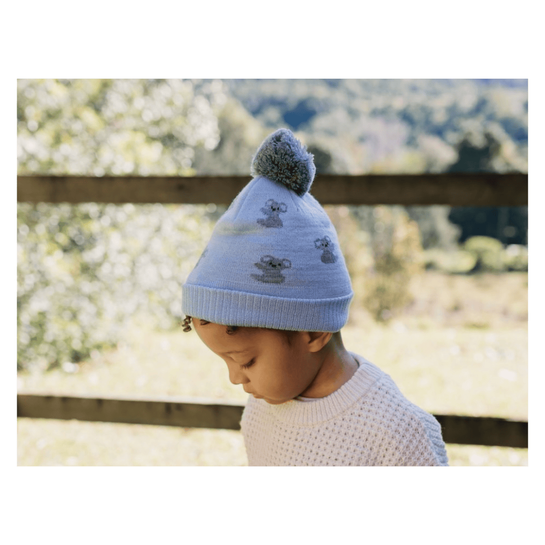 Acorn Kids XXSmall to XLarge Koala Merino Beanie - Blue & Grey