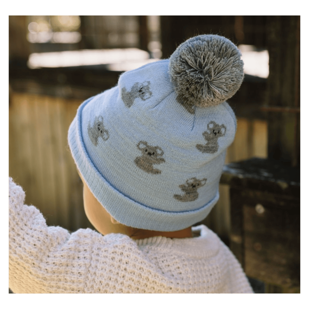 Acorn Kids XXSmall to XLarge Koala Merino Beanie - Blue & Grey