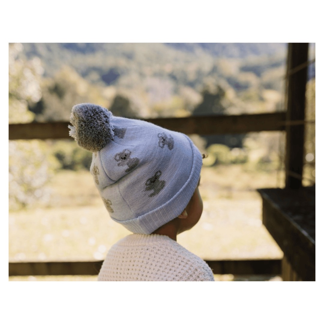 Acorn Kids XXSmall to XLarge Koala Merino Beanie - Blue & Grey