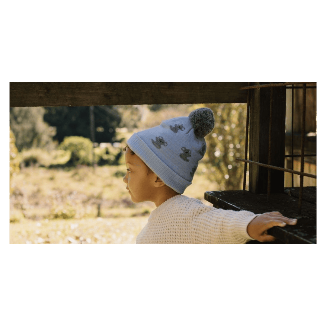 Acorn Kids XXSmall to XLarge Koala Merino Beanie - Blue & Grey