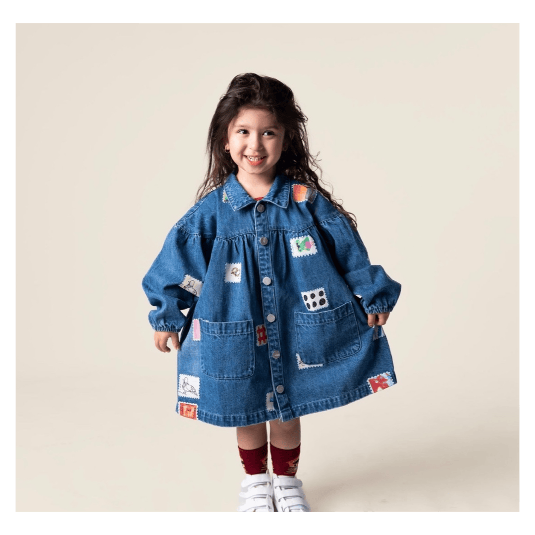 Das Ist Maurice 1 Year to 5 Years Denim Smock Dress - Stamps