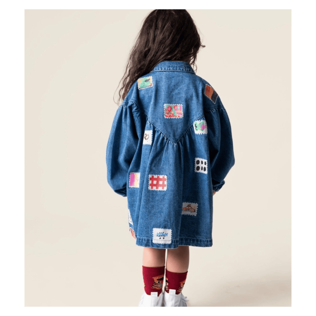 Das Ist Maurice 1 Year to 5 Years Denim Smock Dress - Stamps
