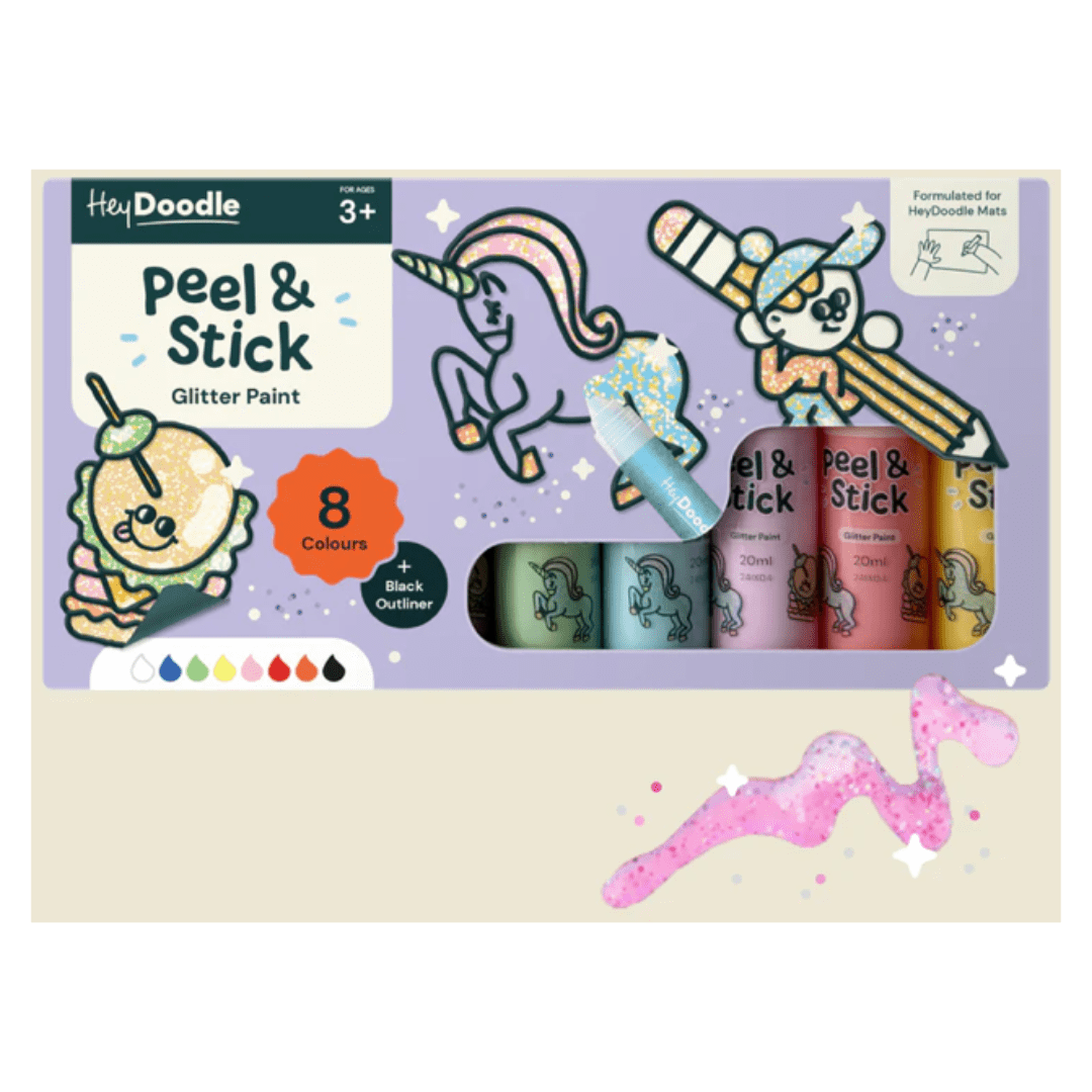HeyDoodle 3 Plus Peel & Stick Glitter Paint - Easy Peel and Stickable Colours x 6