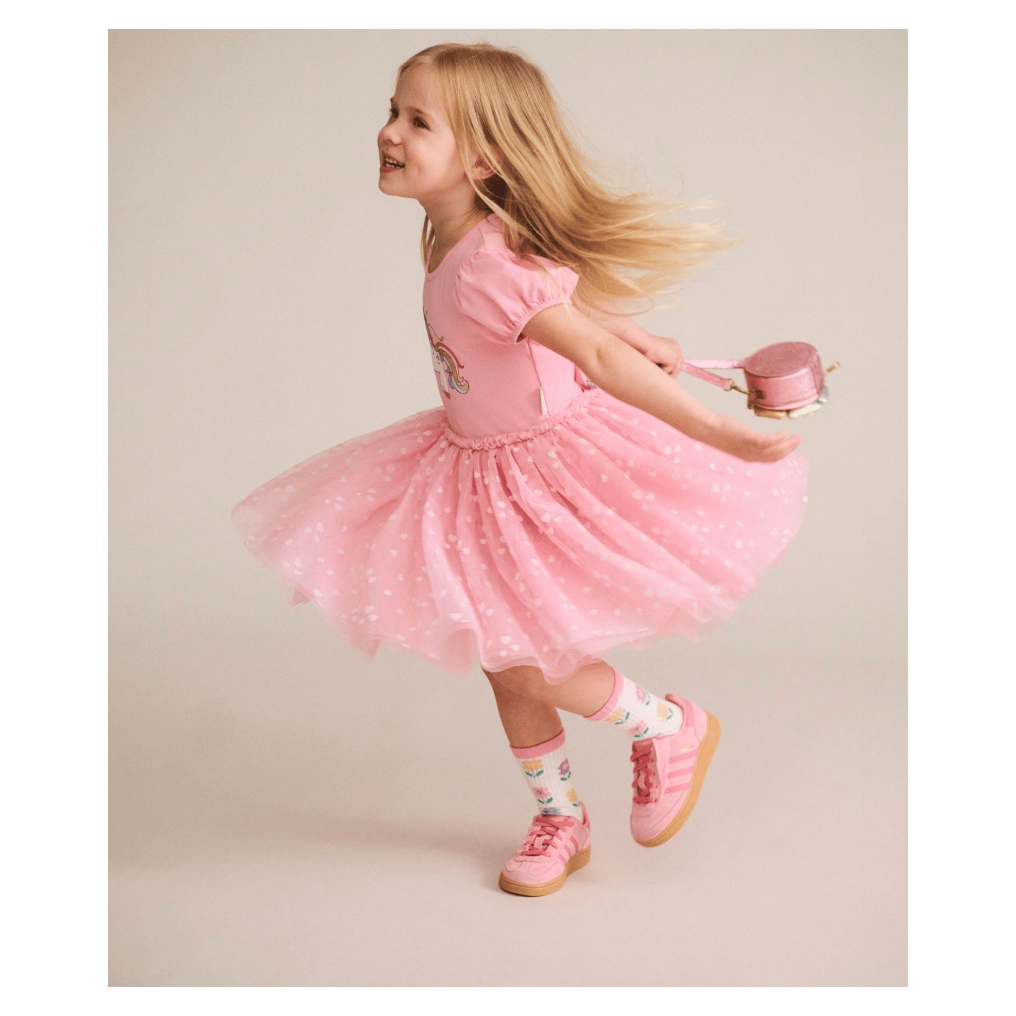 Huxbaby 1 Year to 5 Years Magical Unicorn Puff Slv Tulle Dress - Strawberry Crème