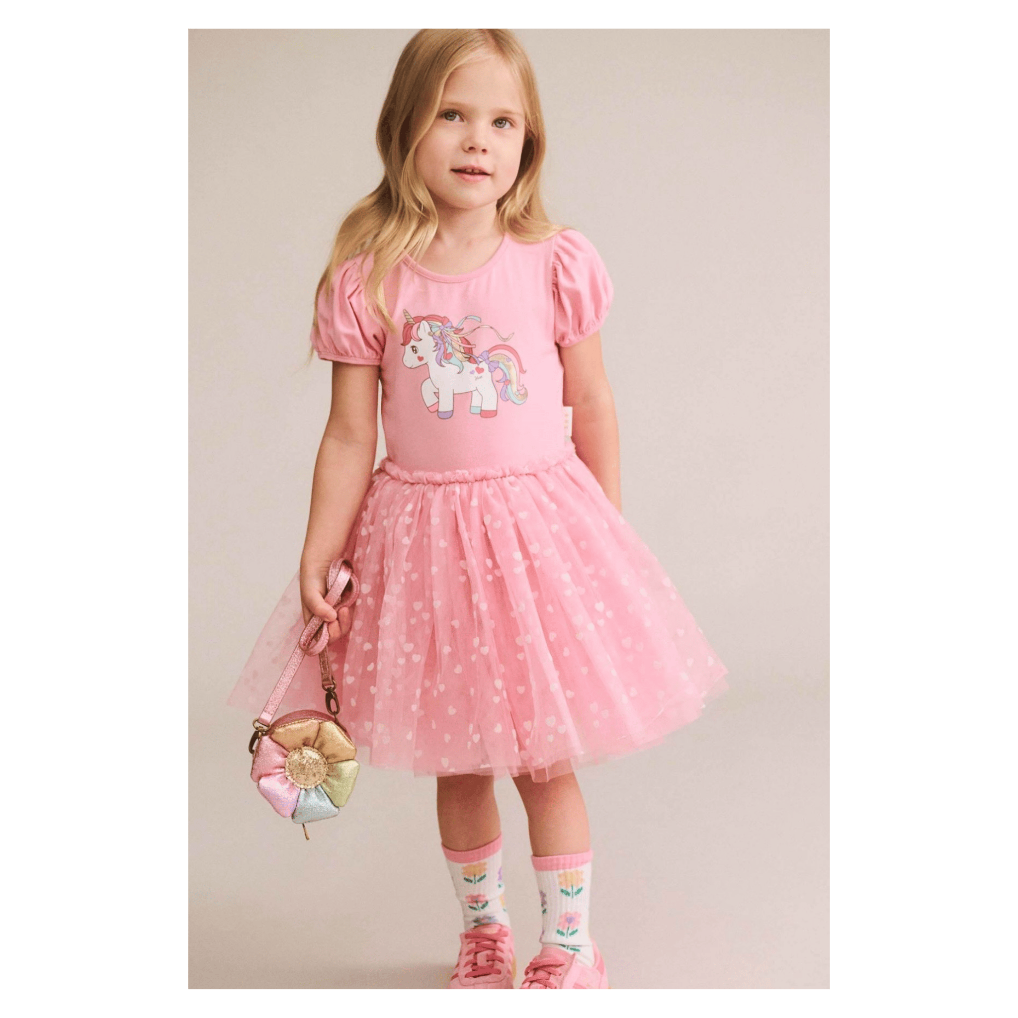 Huxbaby 1 Year to 5 Years Magical Unicorn Puff Slv Tulle Dress - Strawberry Crème