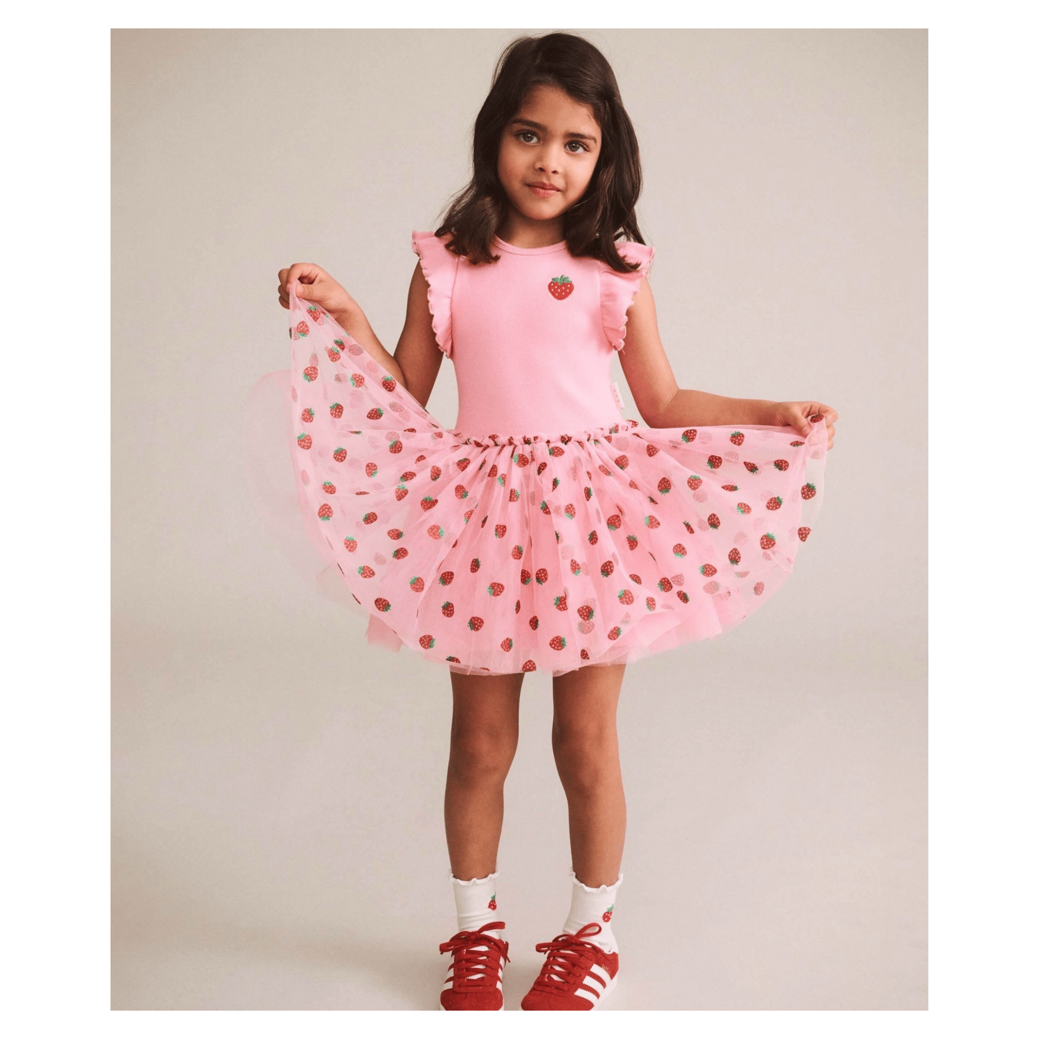 Huxbaby 1 Year to 5 Years Strawberry Emb S/SLV Tulle Dress - Strawberry Crème