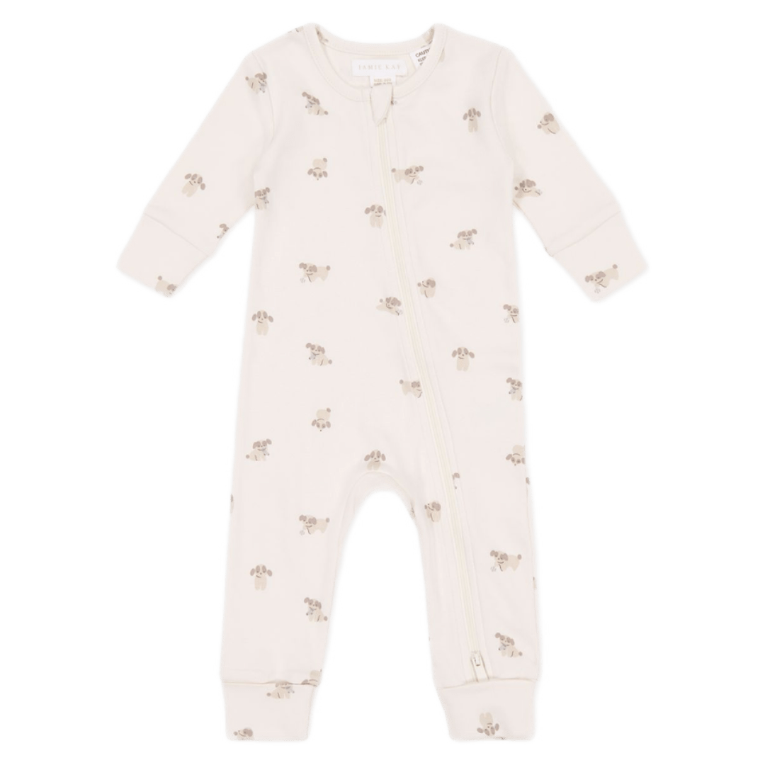Jamie Kay 0-3 Months to 1 Year 0-3M Reece Zip Onepiece - Sasha Puppy Tofu