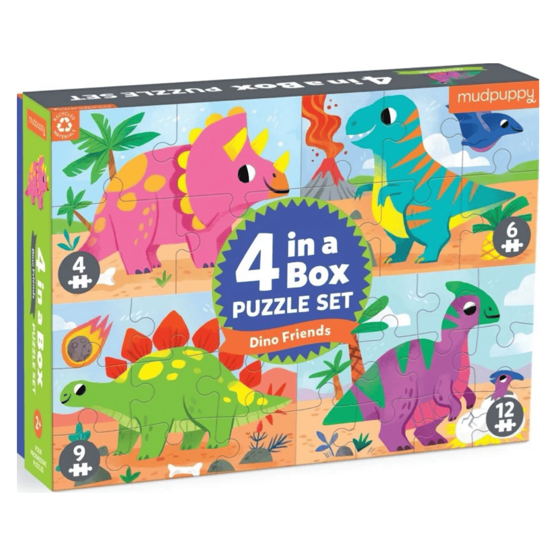 Mudpuppy 3 Plus 4 in a Box Puzzle Set - Dino Friends