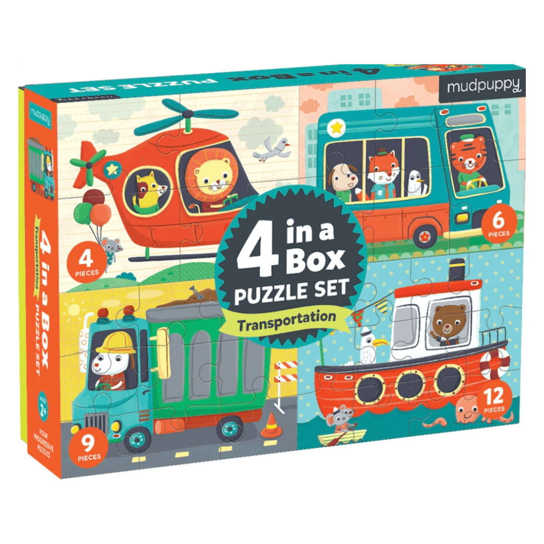 Mudpuppy 3 Plus 4 in a Box Puzzle Set - Transportation