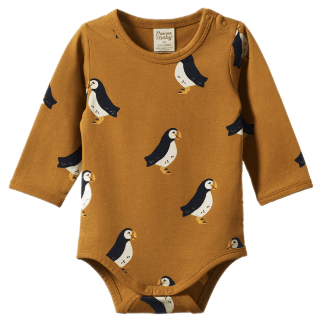 Nature Baby 0-3 Months to 1 Year 0-3M Long Sleeve Bodysuit Stretch Jersey - Puffin Toffee