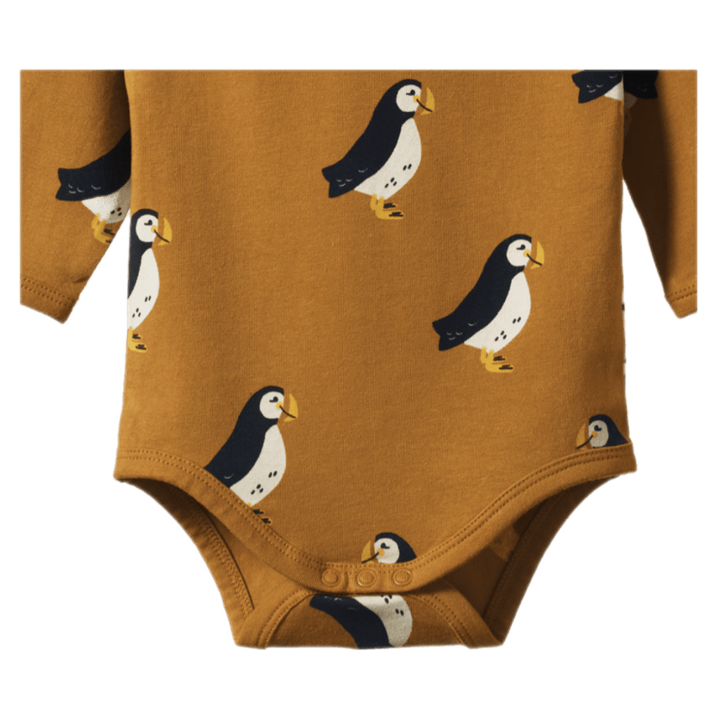 Nature Baby 0-3 Months to 1 Year Long Sleeve Bodysuit Stretch Jersey - Puffin Toffee