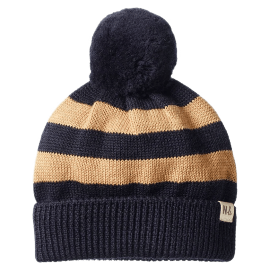 Nature Baby 0-6 Months to 3-4 Years 0-6M Alpine Pom Pom Beanie - Navy/Caramel Stripe
