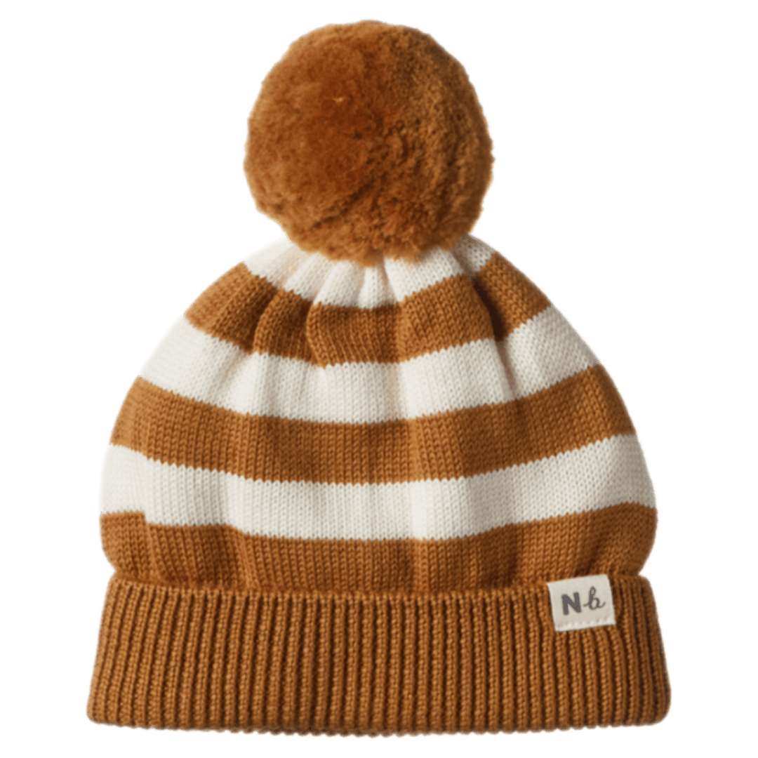Nature Baby 0-6 Months to 3-4 Years 0-6M Alpine Pom Pom Beanie - Toffee Bold Stripe