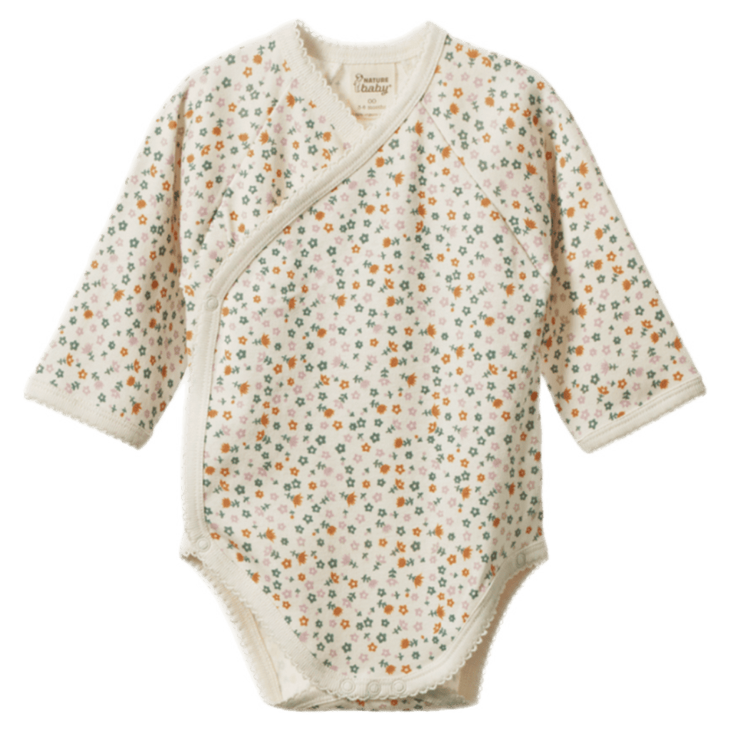 Nature Baby Newborn to 6-12 Months NB Long Sleeve Kimono Bodysuit - Pollyanna