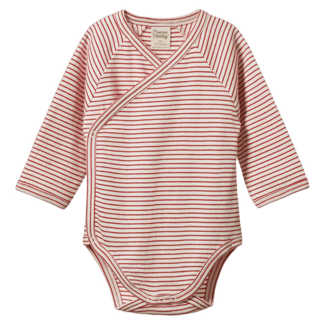 Nature Baby Newborn to 6-12 Months NB Long Sleeve Kimono Bodysuit - Red Pinstripe