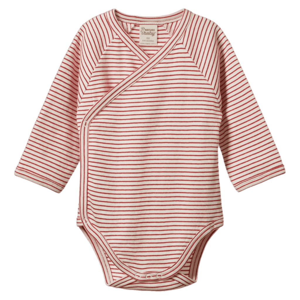 Nature Baby Newborn to 6-12 Months NB Long Sleeve Kimono Bodysuit - Red Pinstripe