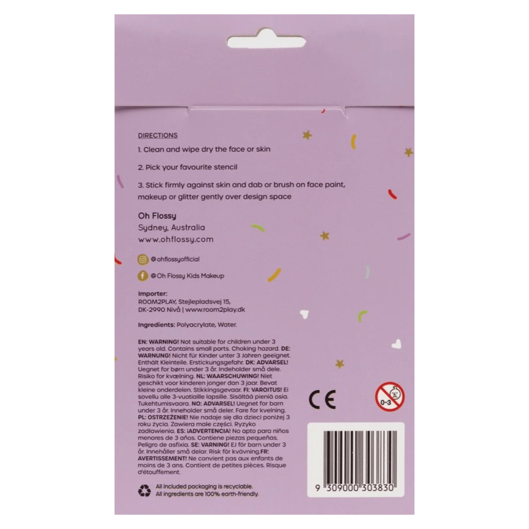 Oh Flossy! 3 Plus Reusable Adhesive Face Paint & Makeup Stencils - Purple