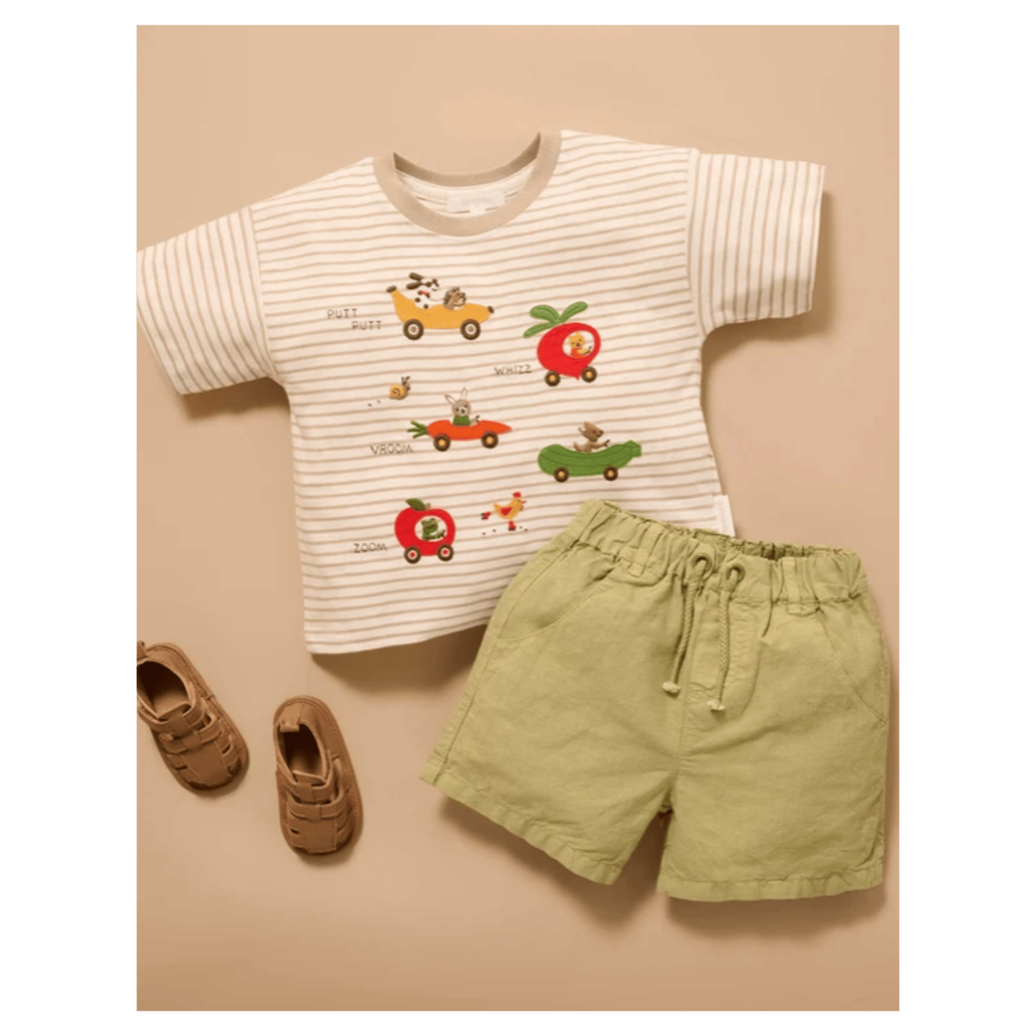Pure Baby 0-3 Months to 5 Years Garden Cars Tee - Beech Stripe