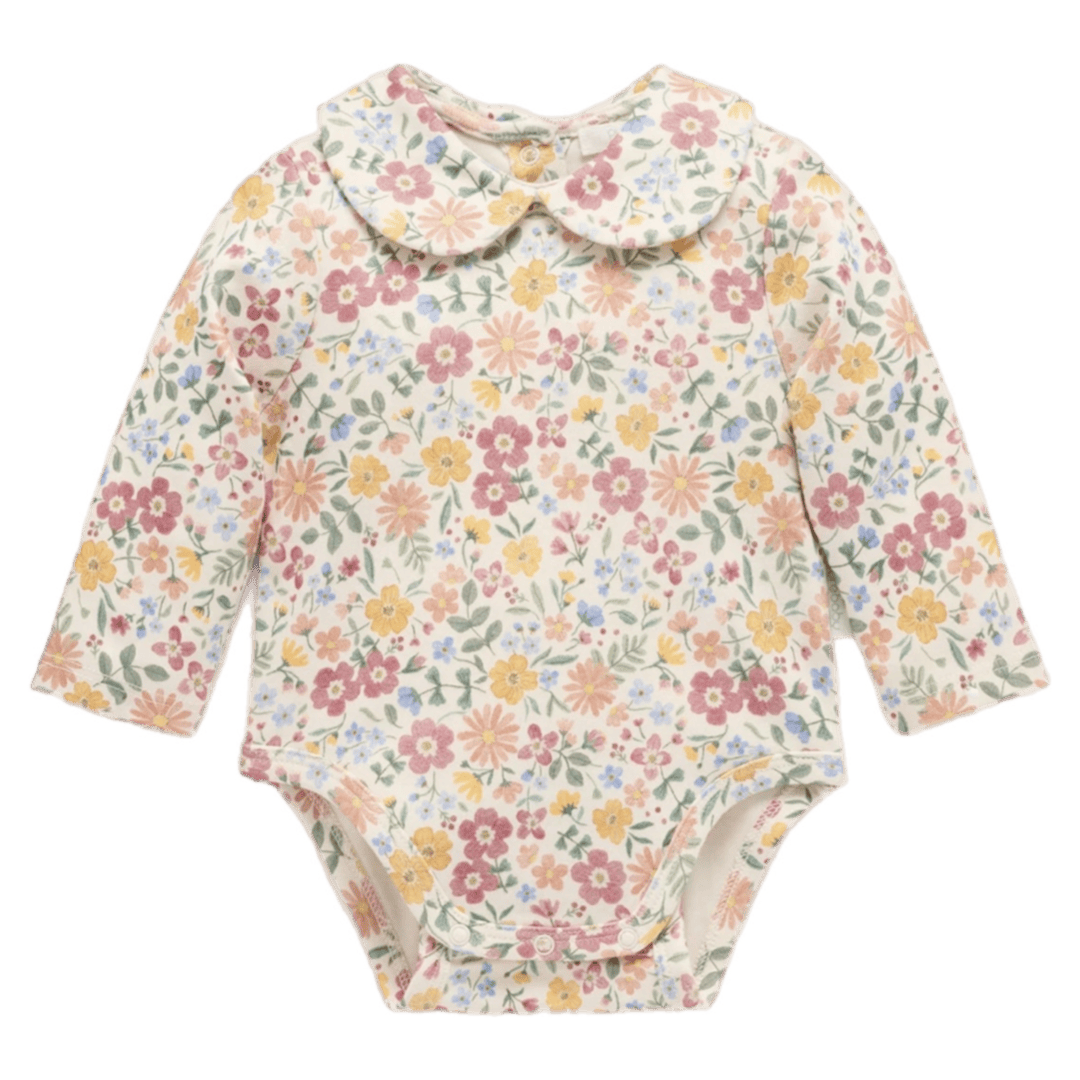 Pure Baby Newborn to 1 Year Long Sleeve Bodysuit with Collar - Wild Flower