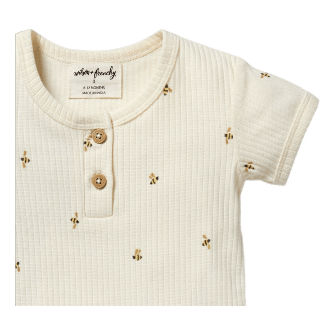 Wilson & Frenchy 0-3 Months to 12-18 Months Short Sleeve Henley Bodysuit - Bee Mine