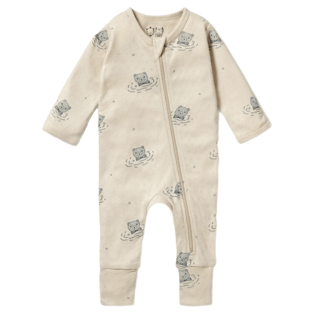 Wilson & Frenchy Newborn to 6-12 Months NB Long Sleeve Pointelle Zipsuit with Feet - Little Bear