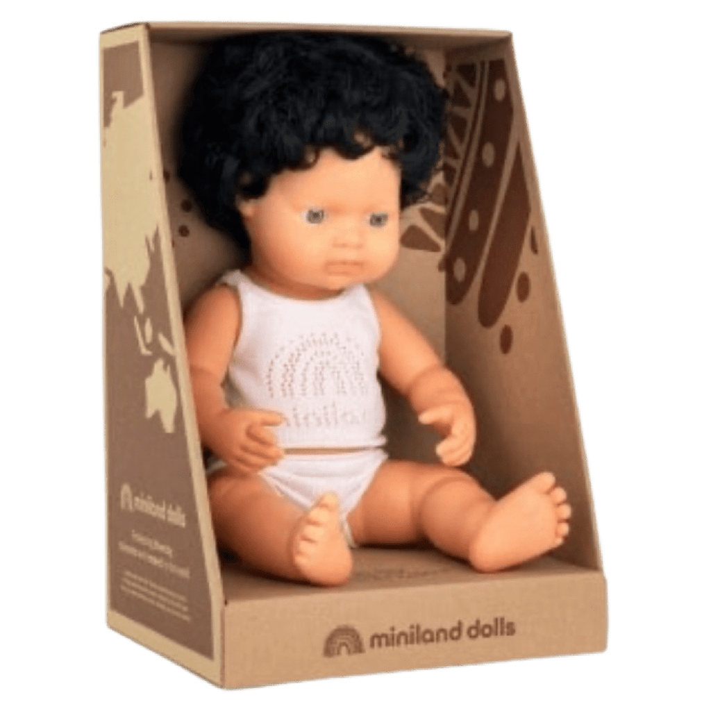 Miniland 18 Mths Plus Baby Doll 38cm - Caucasian Boy Black Curly Hair