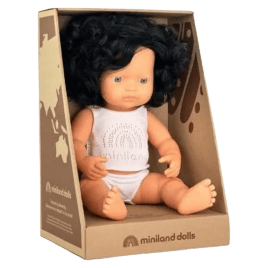 Miniland 18 Mths Plus Baby Doll 38cm - Caucasian Girl Black Curly Hair