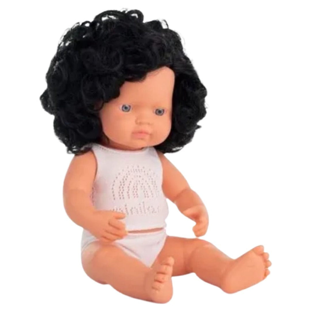 Miniland 18 Mths Plus Baby Doll 38cm - Caucasian Girl Black Curly Hair