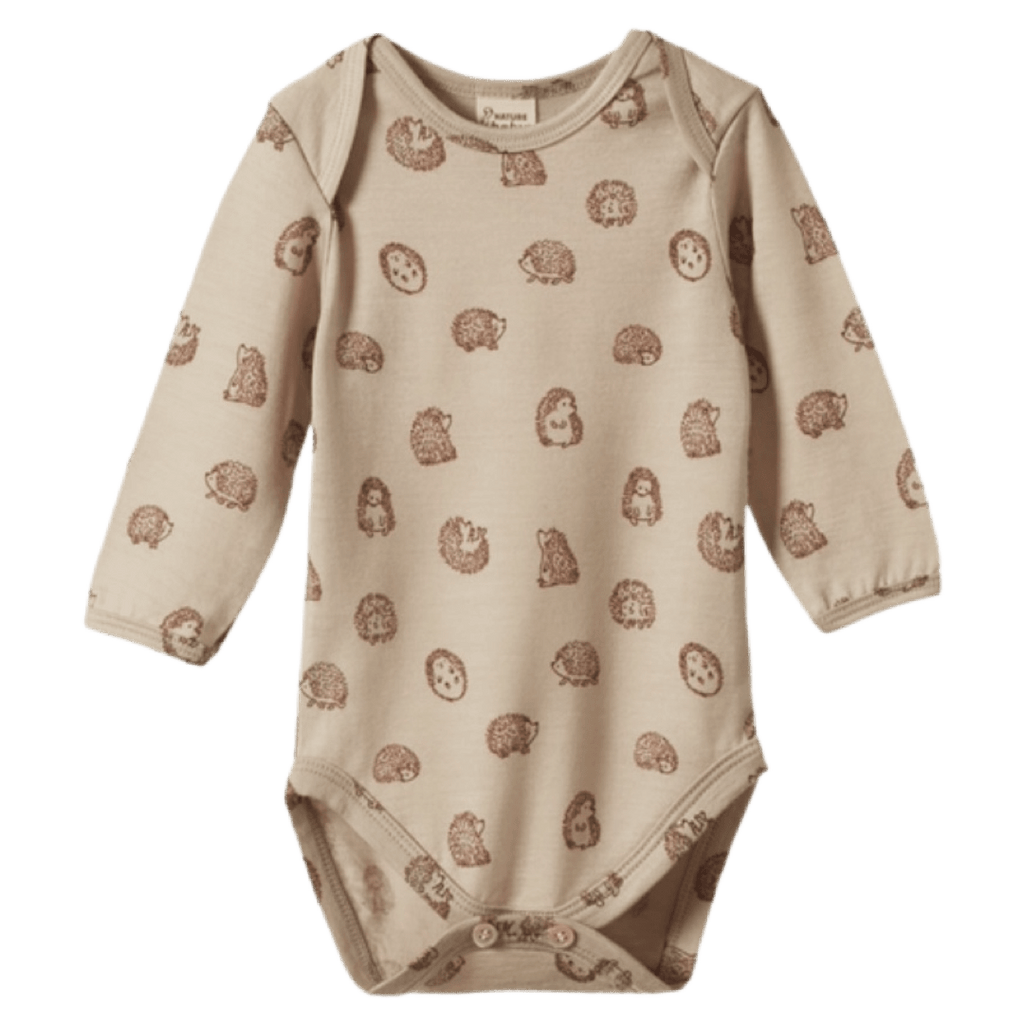 Nature Baby 0-3 Months to 1 Yr Merino Long Sleeve Bodysuit - Happy Hedgehog