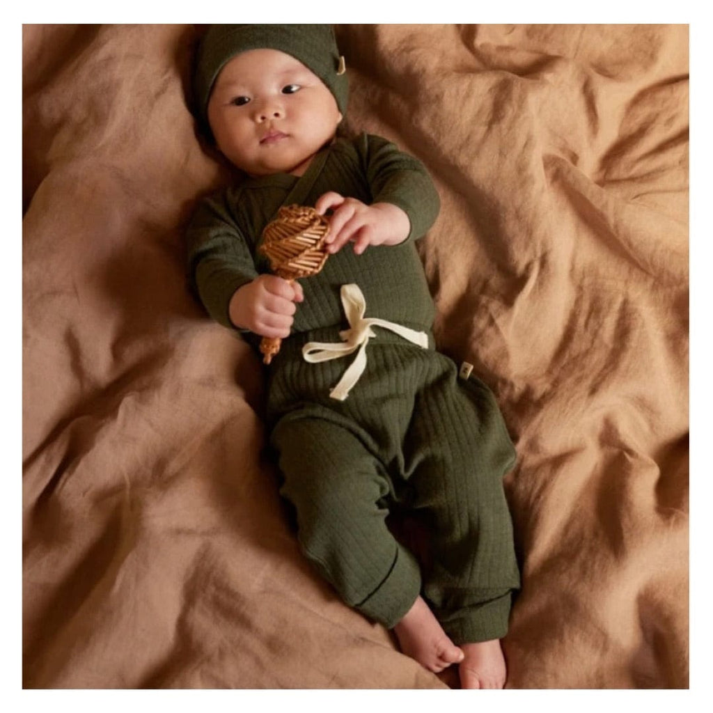 Nature Baby 0-3 Months to 6-12 Months Merino Pointelle L/S Kimono Bodysuit - Thyme