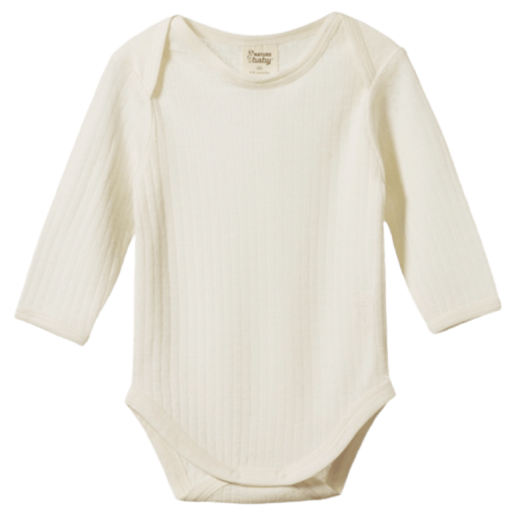 Nature Baby Newborn to 1 Year Merino Pointelle Long Sleeve Bodysuit - Natural