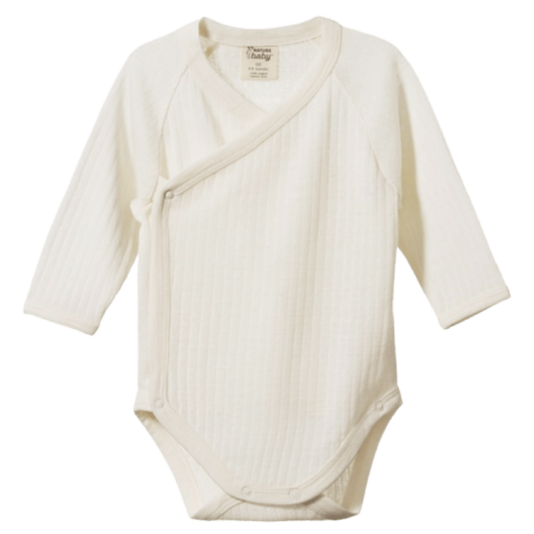 Nature Baby Newborn to 6 -12M Merino Pointelle L/S Kimono Bodysuit - Natural