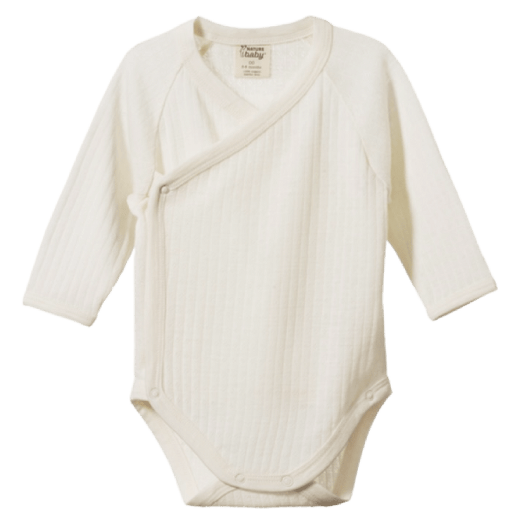 Nature Baby Newborn to 6 -12M Merino Pointelle L/S Kimono Bodysuit - Natural