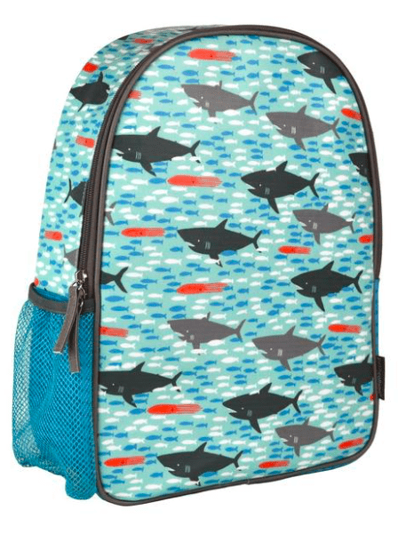 Petit Collage Shark Back Pack Tal Blue with  Charcoal and Mid Grey Sharks 